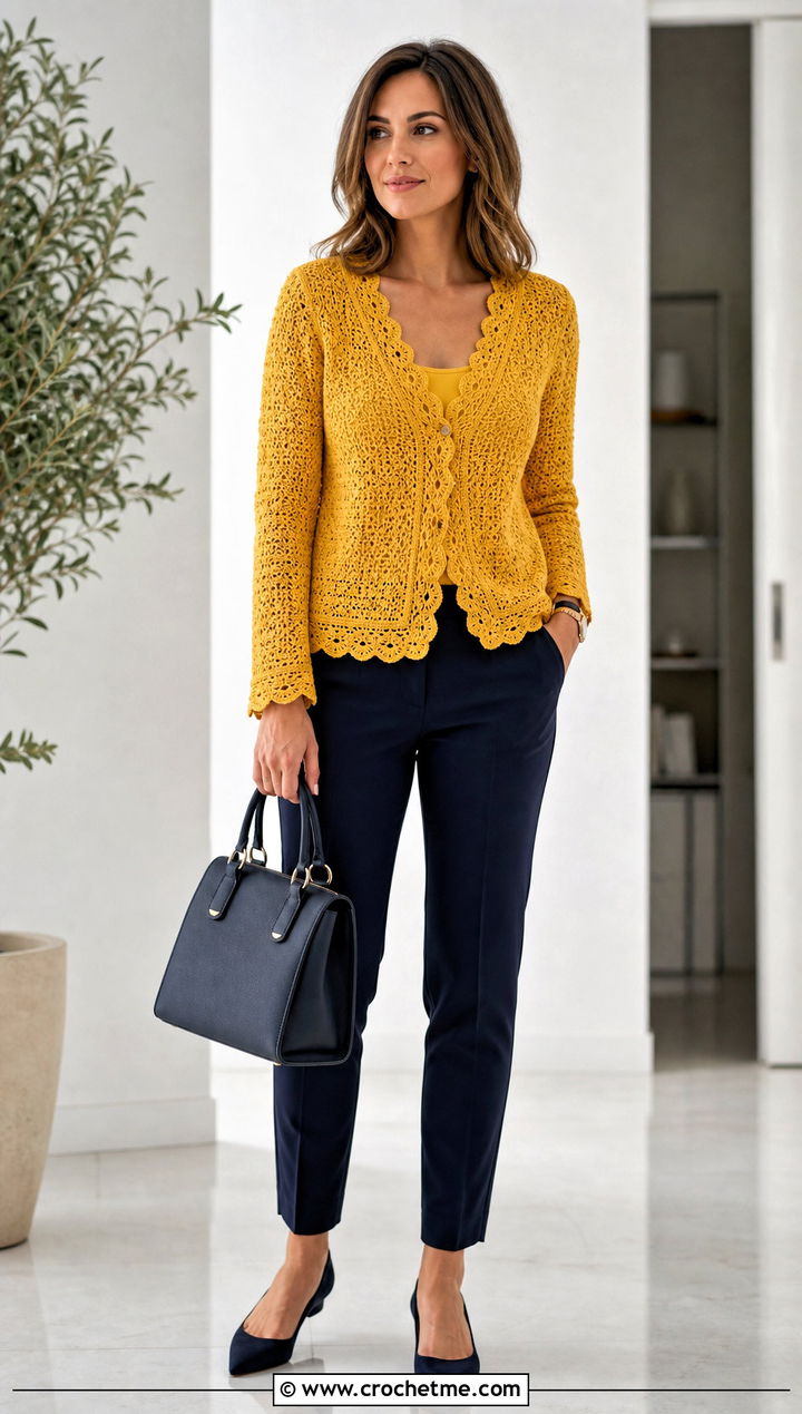 Scalloped Crochet Sweater With Cigarette Pants - 35 crochet sweater women outfit ideas