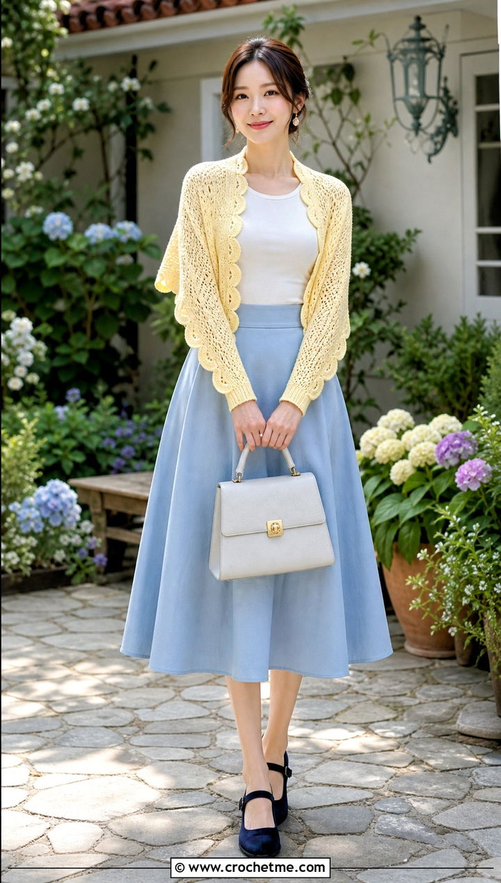 Scalloped Crochet Sweater Wrap With A Line Skirt - 30 crochet sweater wrap outfit ideas