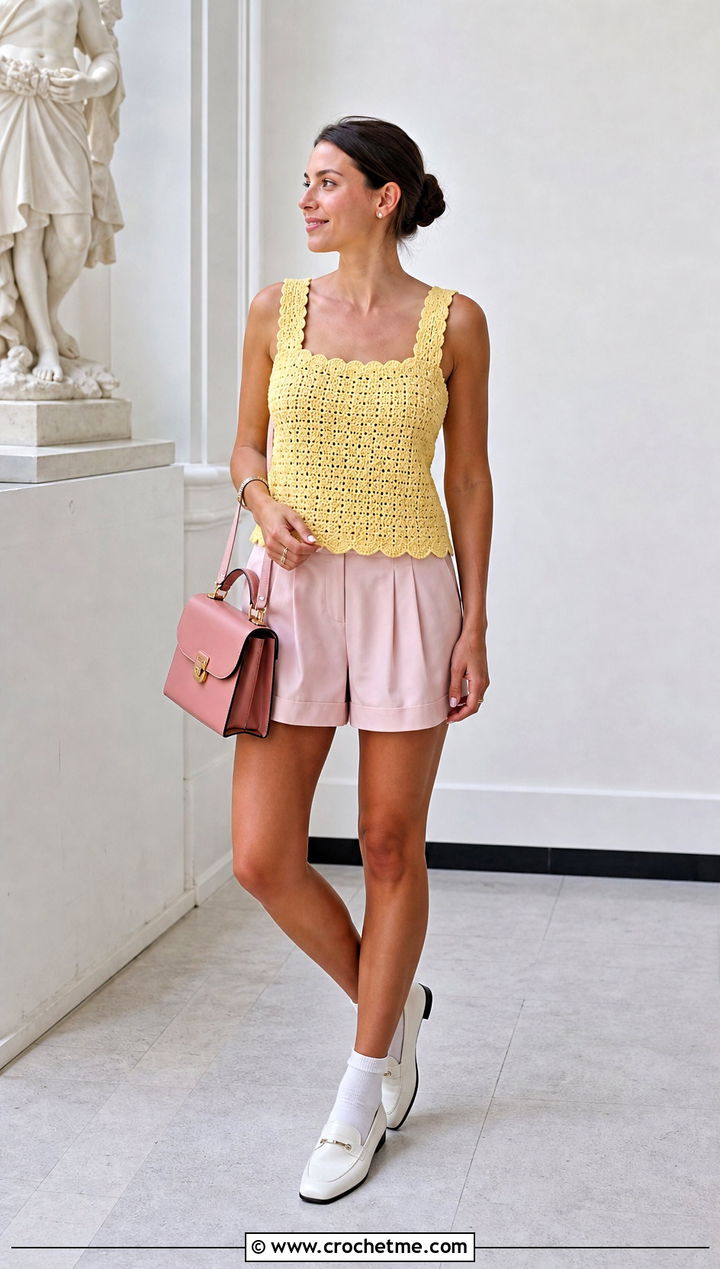 Scalloped Crochet Tank Top With Pleated Shorts - 15 barbie inspired crochet top outfit ideas