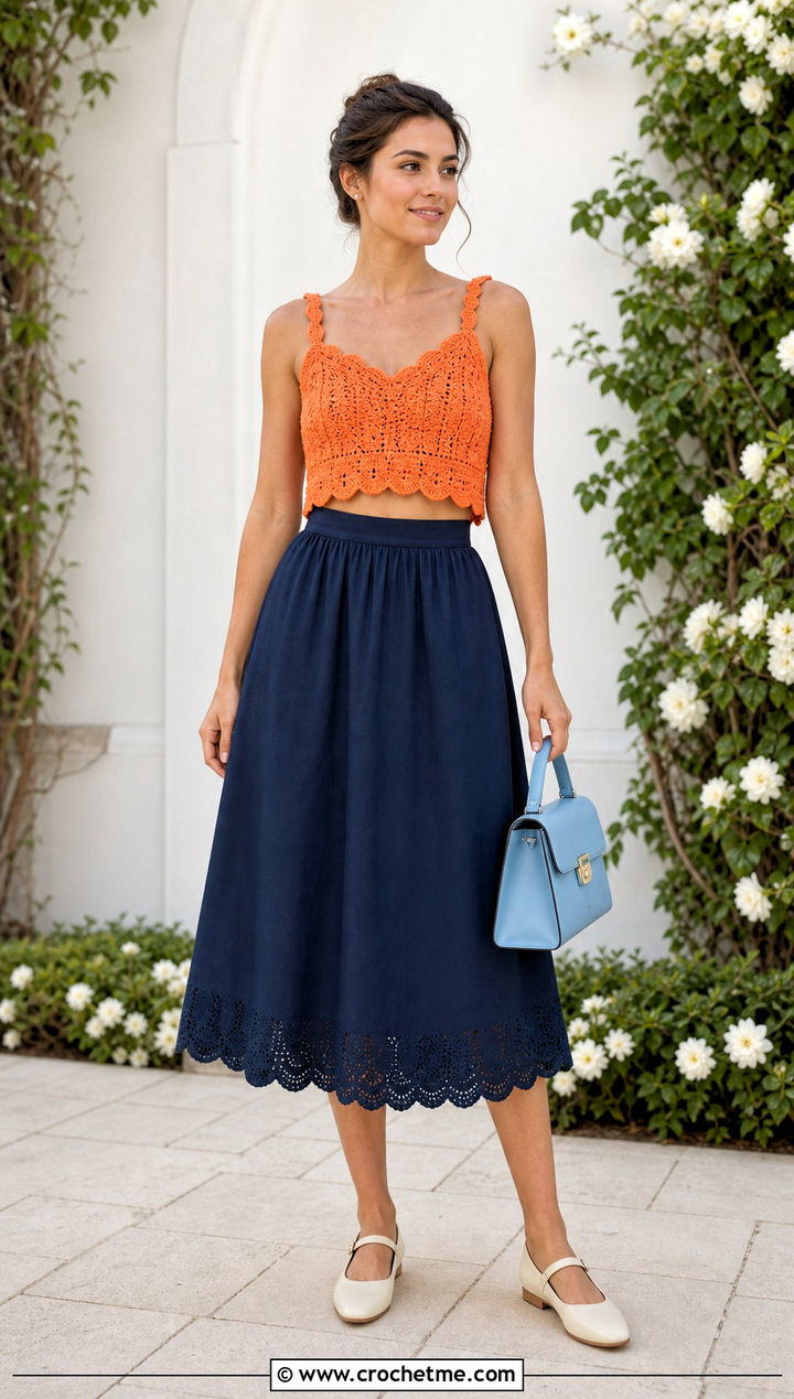 Scalloped Crochet Tie Back Top With A Line Skirt - 30 crochet tie back top outfit ideas