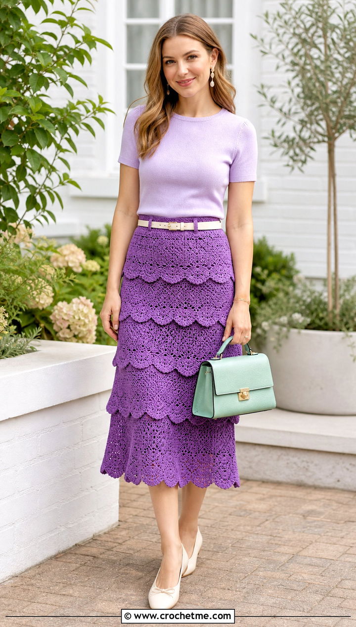 Scalloped Crochet Tiered Midi Skirt With Fitted Knit Top - 35 crochet tiered skirt outfit ideas