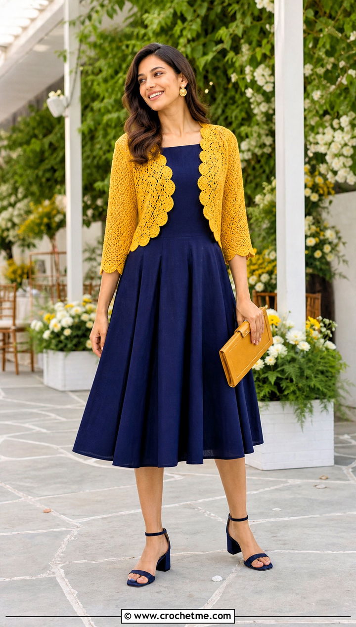 Scalloped Crochet Top Shrug With Fit And Flare Dress - 30 crochet top shrug outfit ideas