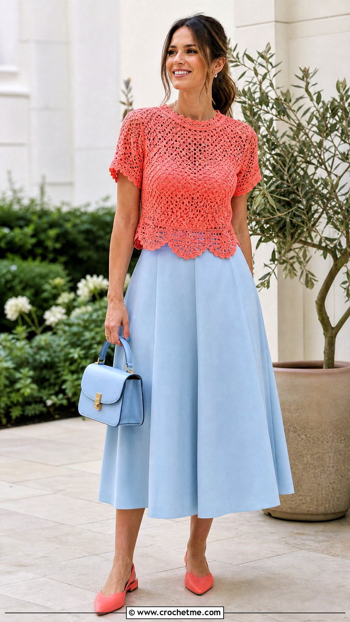 Scalloped Crochet Top With A Line Midi Skirt - 35 crochet tops for women outfit ideas