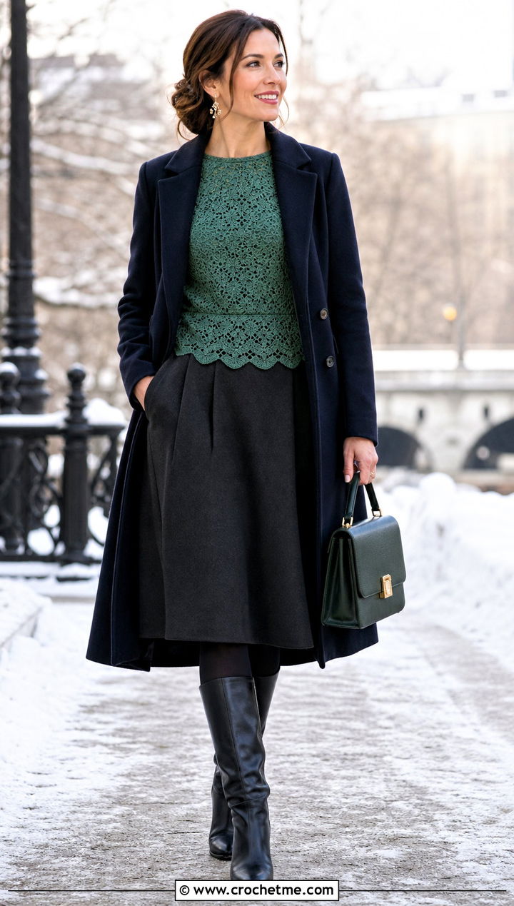 Scalloped Crochet Top With A Line Skirt - 35 winter crochet top outfit ideas