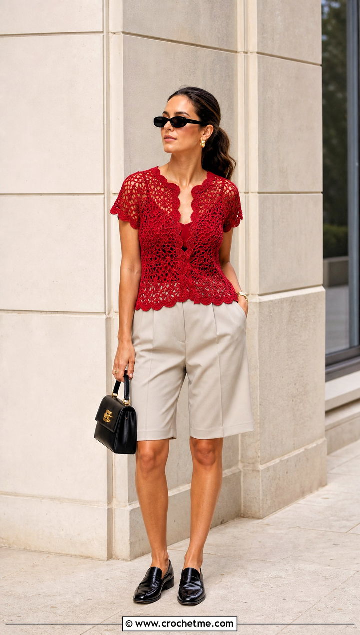 Scalloped Crochet Top With Bermuda Shorts - 35 crochet simple top outfit ideas