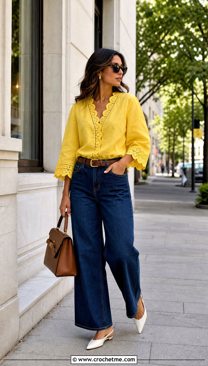 Scalloped Crochet Trim Blouse With Wide Leg Jeans - 30 crochet trim top outfit ideas