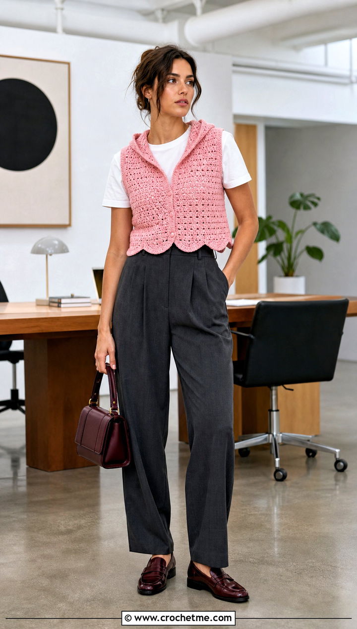 Scalloped Crochet Vest With Hood And Pleated Trousers - 30 crochet vest with hood outfit ideas