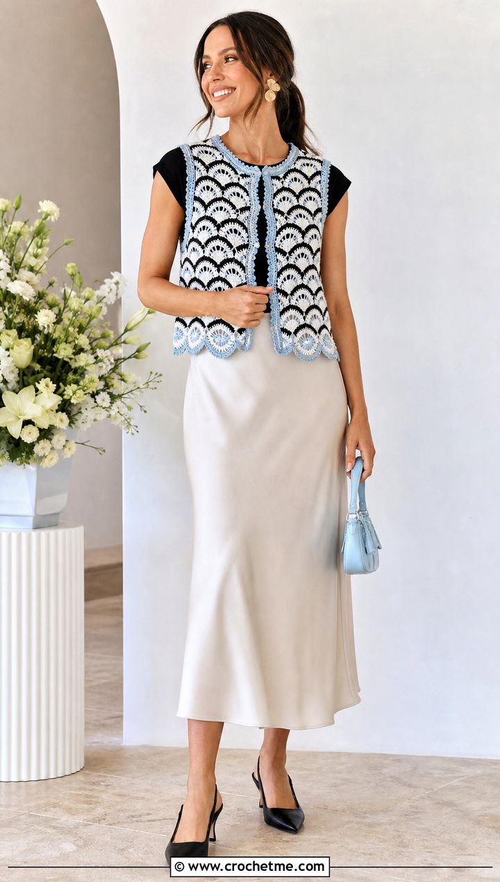 Scalloped Crochet Vest With Satin Midi Skirt - 30 black and white crochet vest outfit ideas