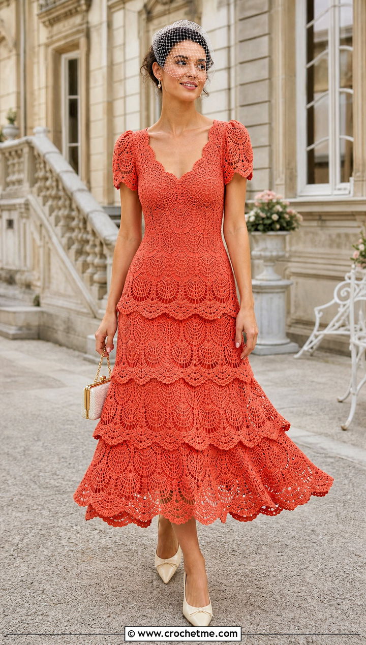 Scalloped Crochet Wedding Gown With Kitten Heels - 30 crochet wedding dress gowns outfit ideas