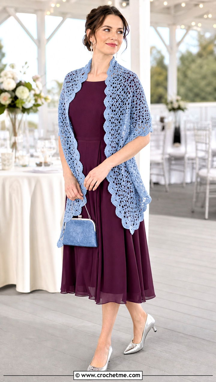 Scalloped Crochet Wedding Shawl With Tea Length Dress - 35 crochet wedding shawl outfit ideas