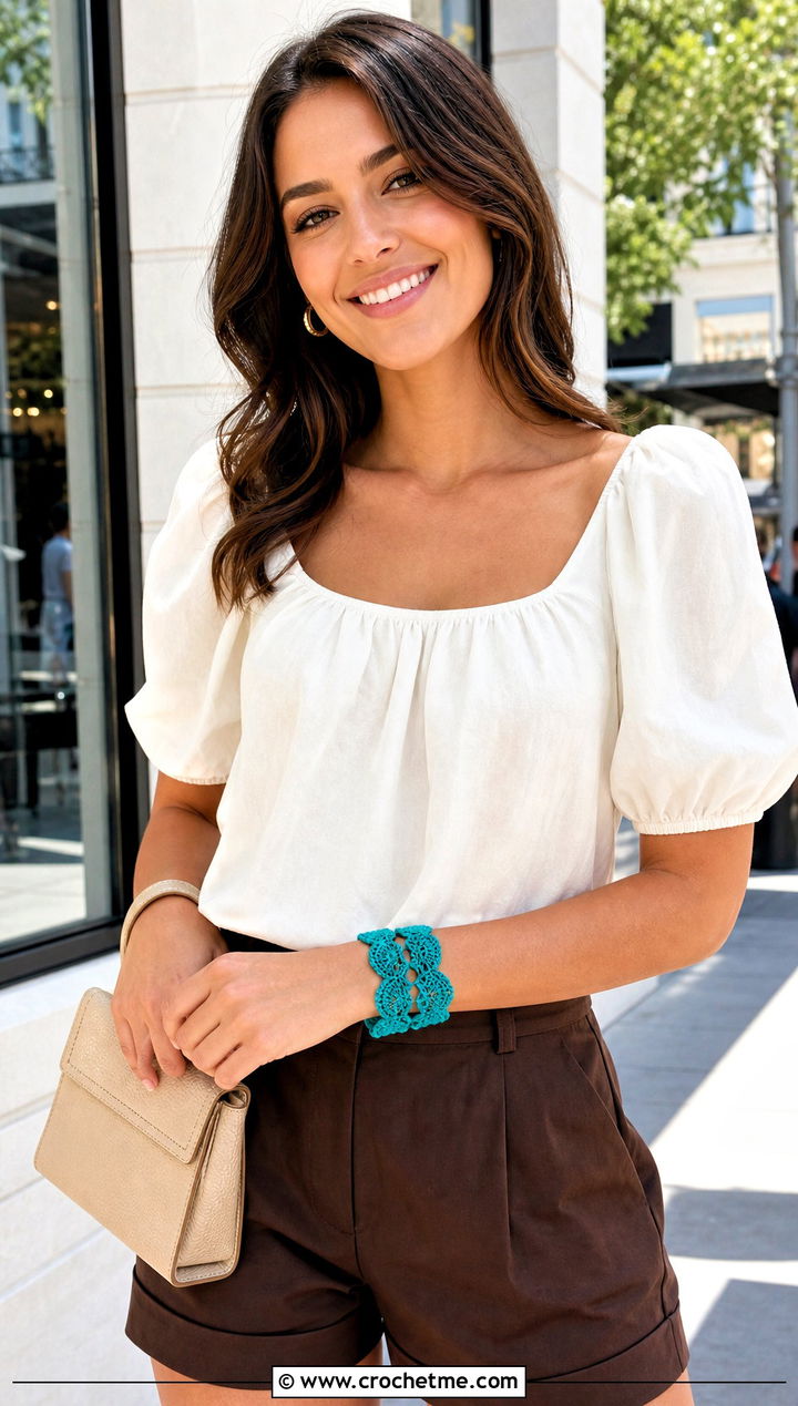 Scalloped Crochet Wrap Bracelet With Puff Sleeve Blouse and Shorts - 35 crochet wrap bracelet outfit ideas