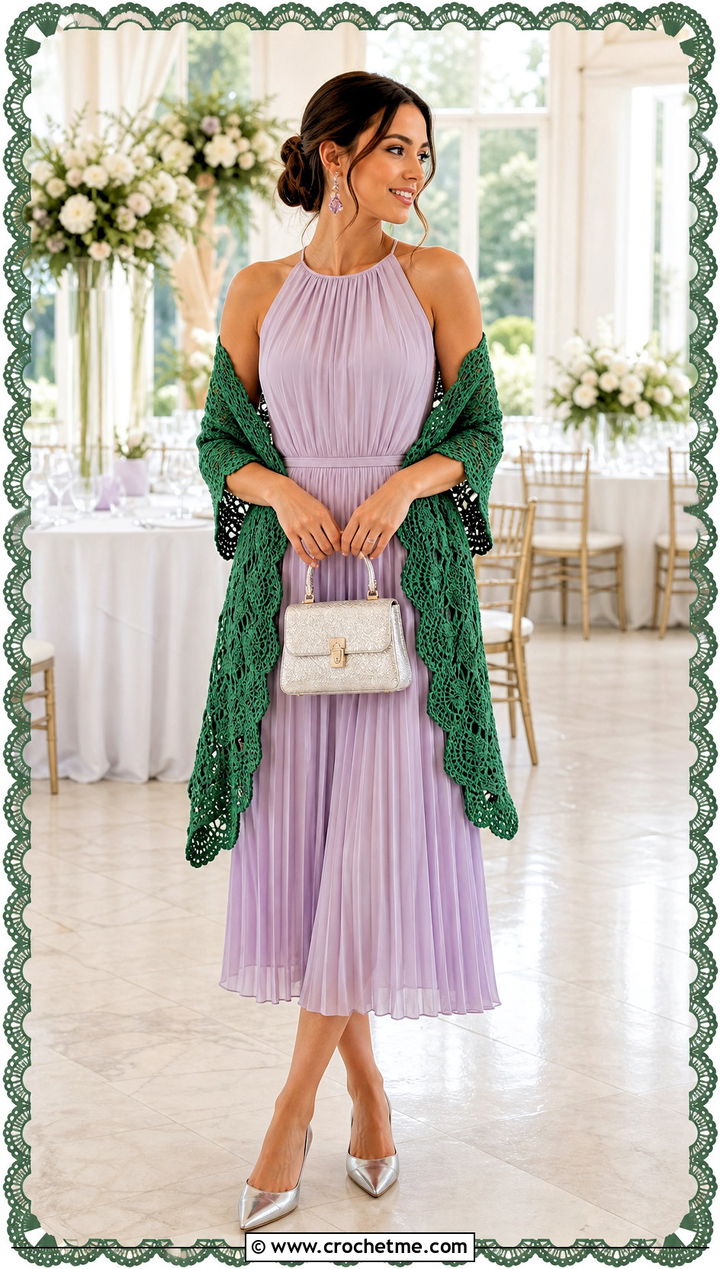 Scalloped Crochet Wrap Shawl With Pleated Dress - 35 crochet wrap shawl outfit ideas