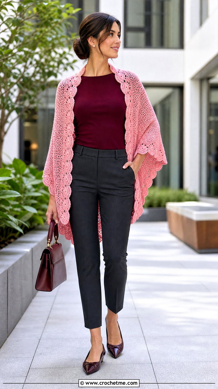 Scalloped Crochet Wrap With Cropped Trousers - 35 Crocheted Shawls And Wraps outfit ideas