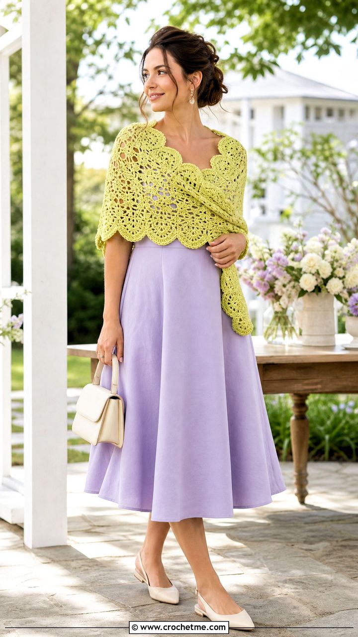 Scalloped Crochet Wrap With Fit And Flare Dress - 35 crochet wrap outfit ideas