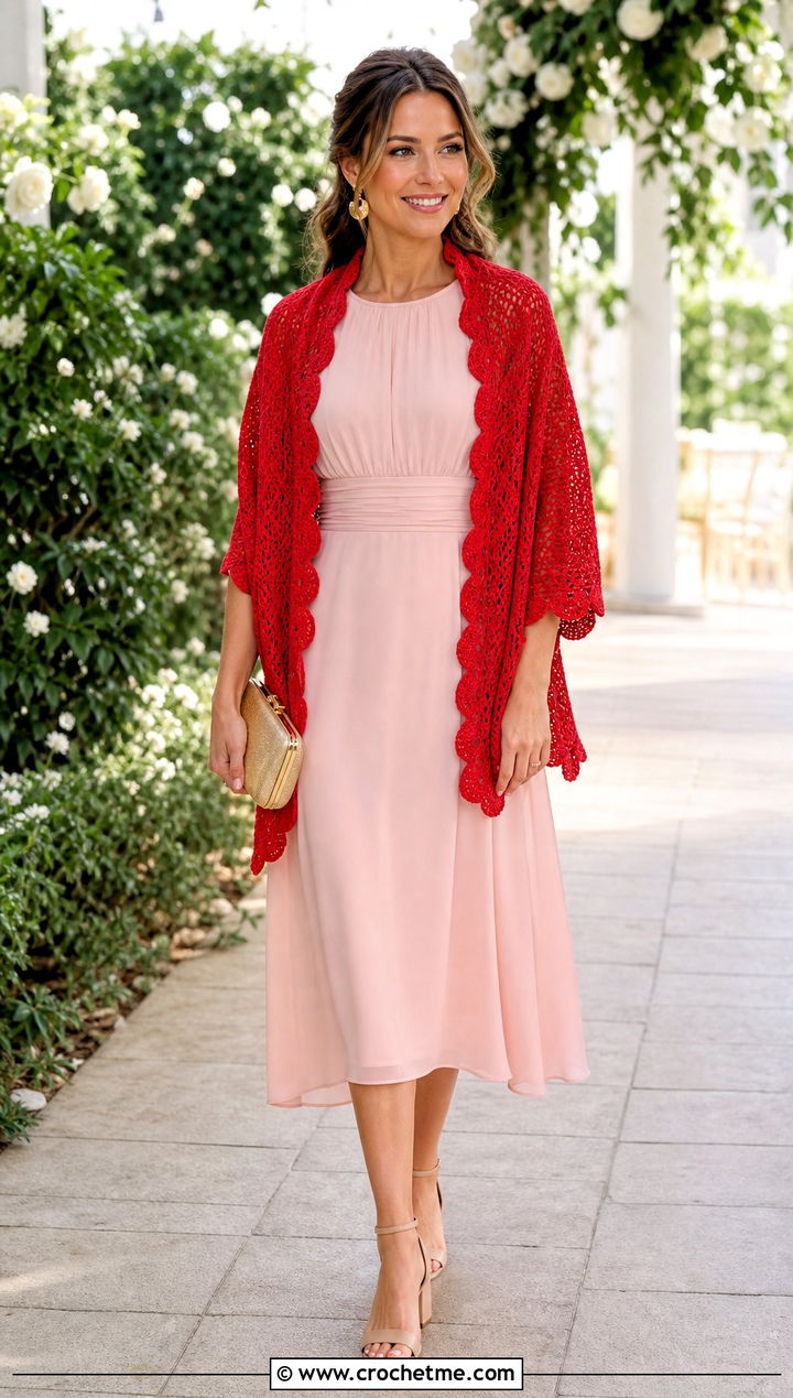Scalloped Crochet Wrap With Wedding Guest Midi Dress - 30 simple crochet shawls and wraps outfit ideas