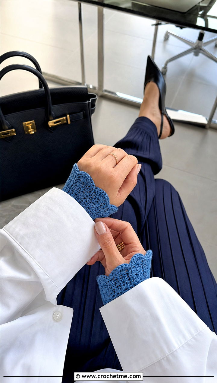 Scalloped Crochet Wristlets With Button Down Shirt - 30 crochet hand mittens outfit ideas