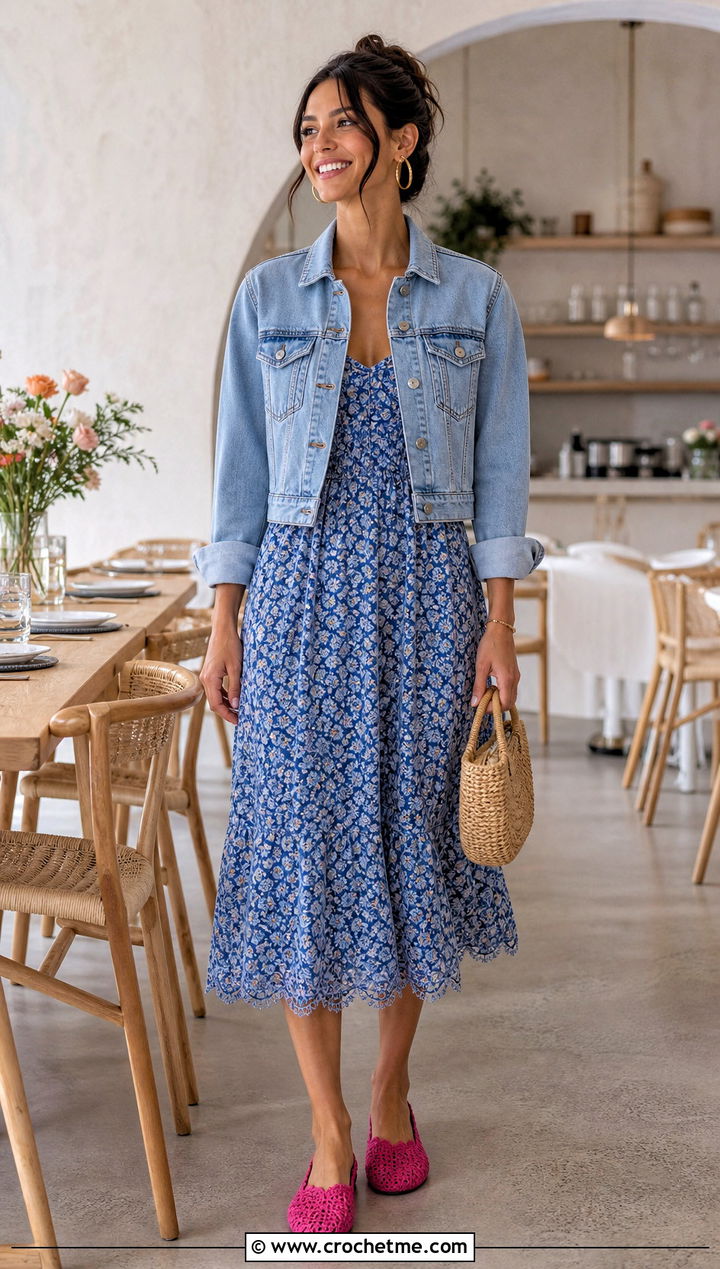 Scalloped Crocheted Slippers With a Floral Tea Dress - 35 crocheted slippers outfit ideas
