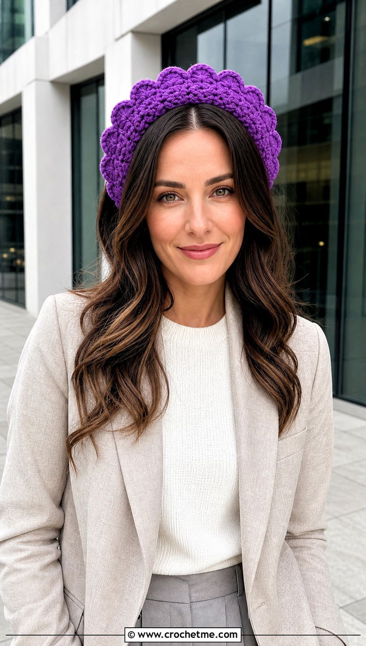 Scalloped Crown Ear Warmer With Blazer And Wide Leg Pants - 25 crochet crown ear warmer outfit ideas