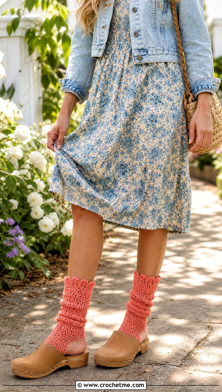 Scalloped Cuff Chunky Crochet Socks With A Floral Midi Dress - 15 crochet sock chunky yarn outfit ideas
