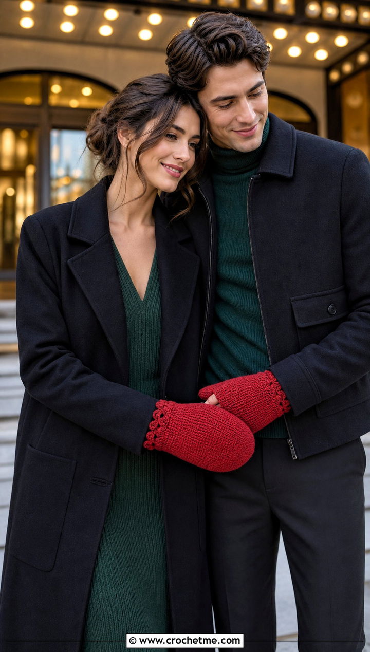 Scalloped Cuff Couple Mittens With Winter Dresses - 25 crochet couple mittens outfit ideas