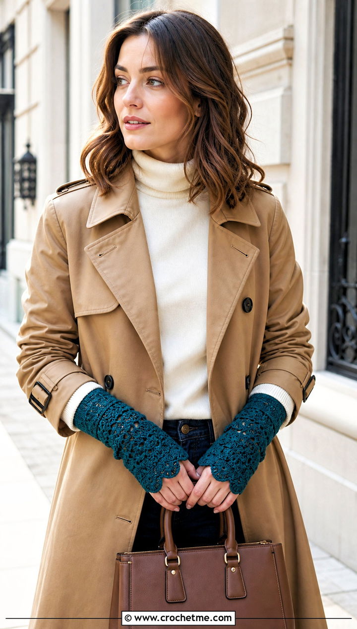 Scalloped Cuff Crochet Fingerless Gloves With Trench Coat - 15 crochet finger gloves outfit ideas