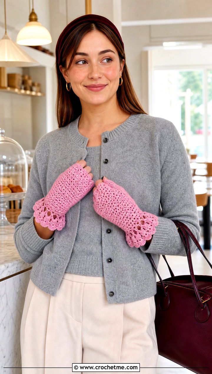 Scalloped Cuff Crochet Gloves With A Cardigan Set - 25 Vintage Crochet Gloves outfit ideas