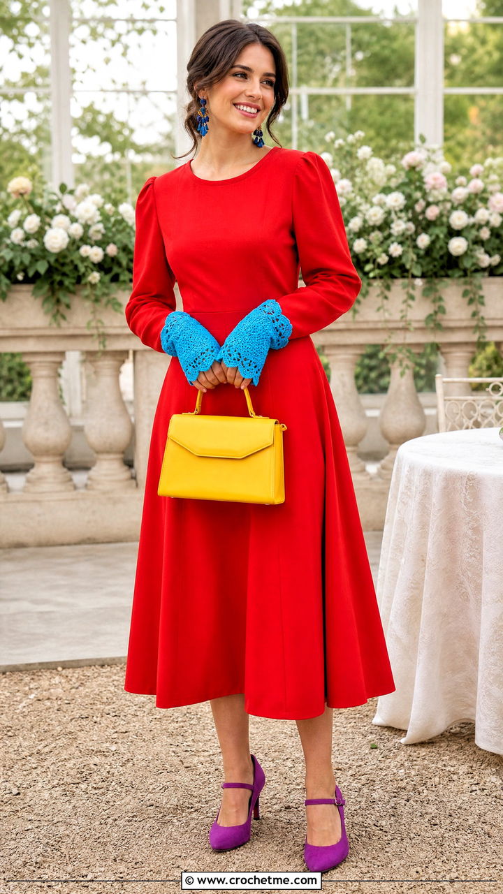 Scalloped Cuff Crochet Gloves With A Line Dress - 35 crochet gloves outfit ideas