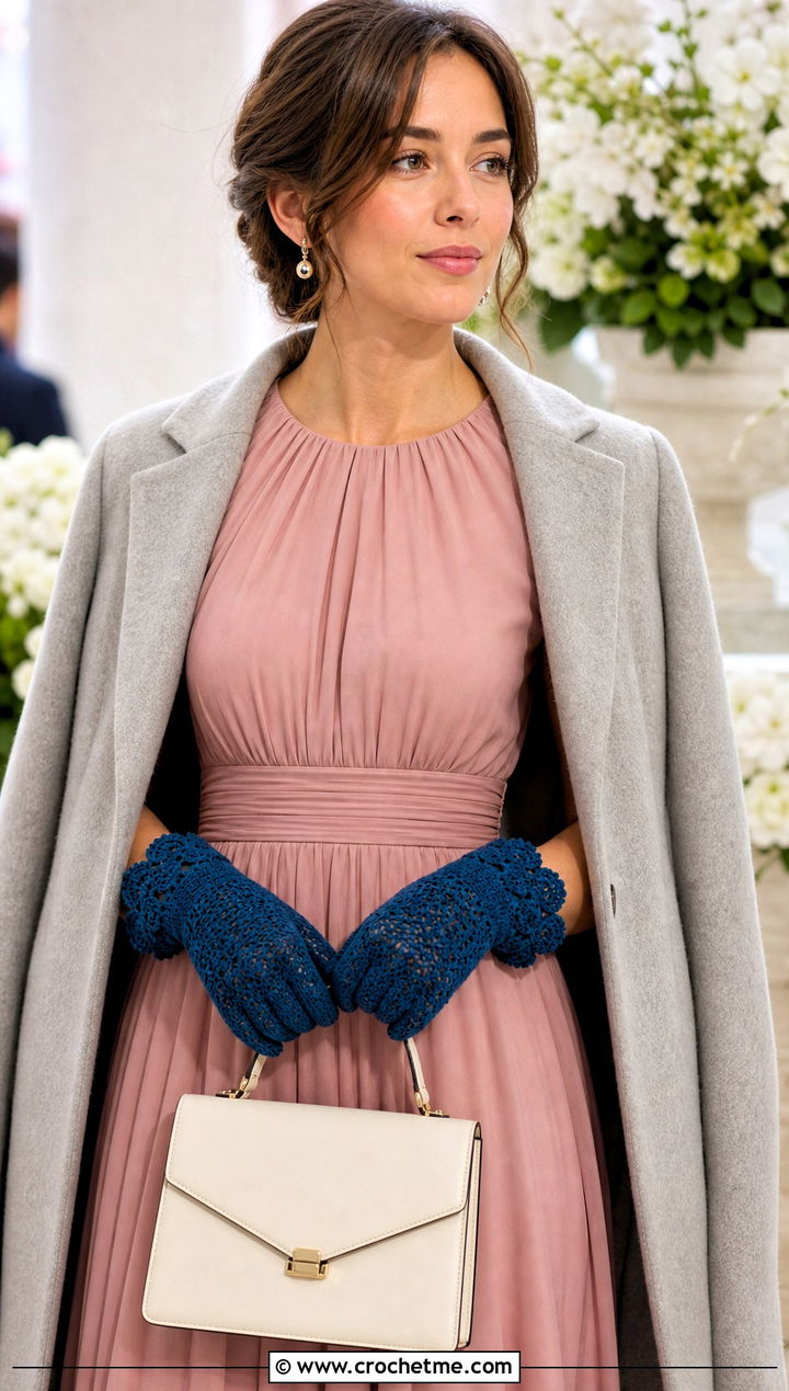 Scalloped Cuff Crochet Gloves With Midi Dress - 35 crochet gloves fingers outfit ideas