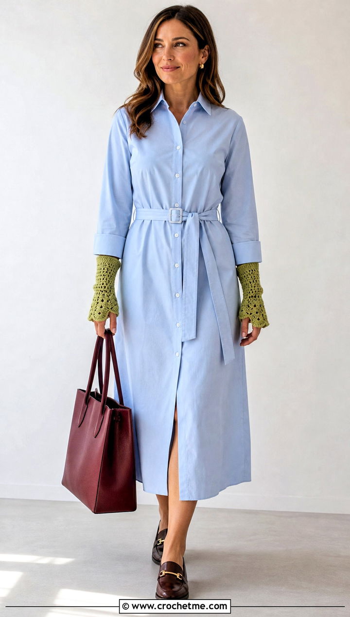 Scalloped Cuff Crochet Handwarmers With A Shirt Dress - 35 crochet handwarmers outfit ideas