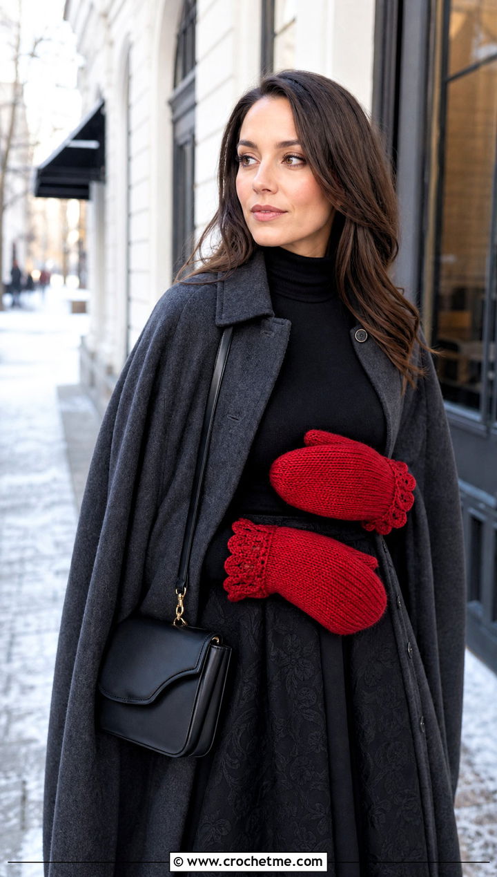 Scalloped Cuff Crochet Mittens With Cape Coat - 25 cute crochet mittens outfit ideas
