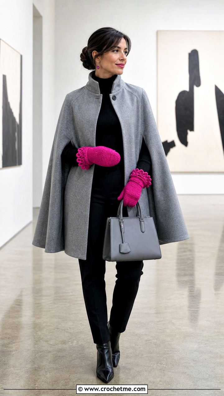 Scalloped Cuff Crochet Mittens With Cape Coat - 35 easy crochet mittens outfit ideas