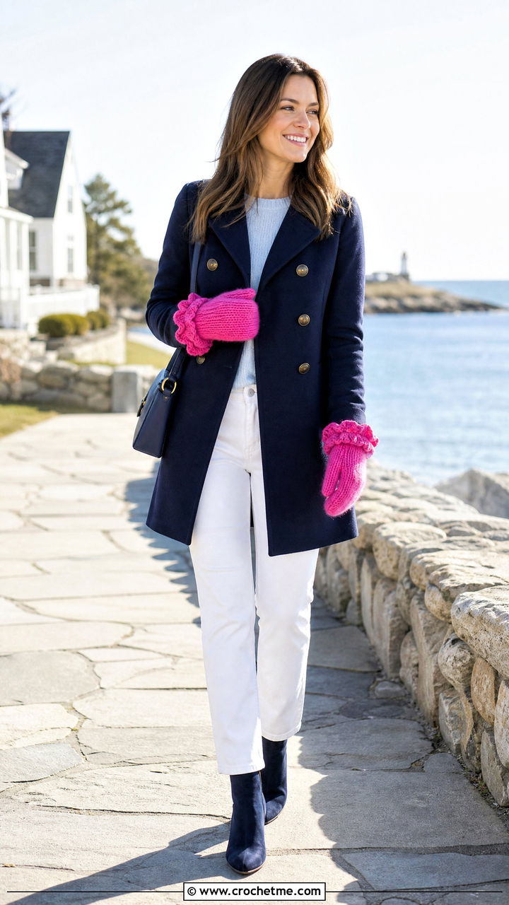 Scalloped Cuff Crochet Mittens With Peacoat - 35 crochet mittens outfit ideas