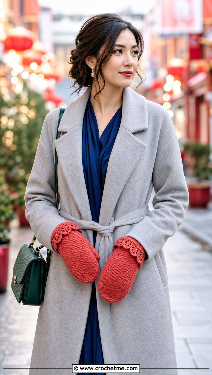 Scalloped Cuff Crochet Mittens With Wrap Coat - 15 Crochet Mittens With Fleece Lining outfit ideas