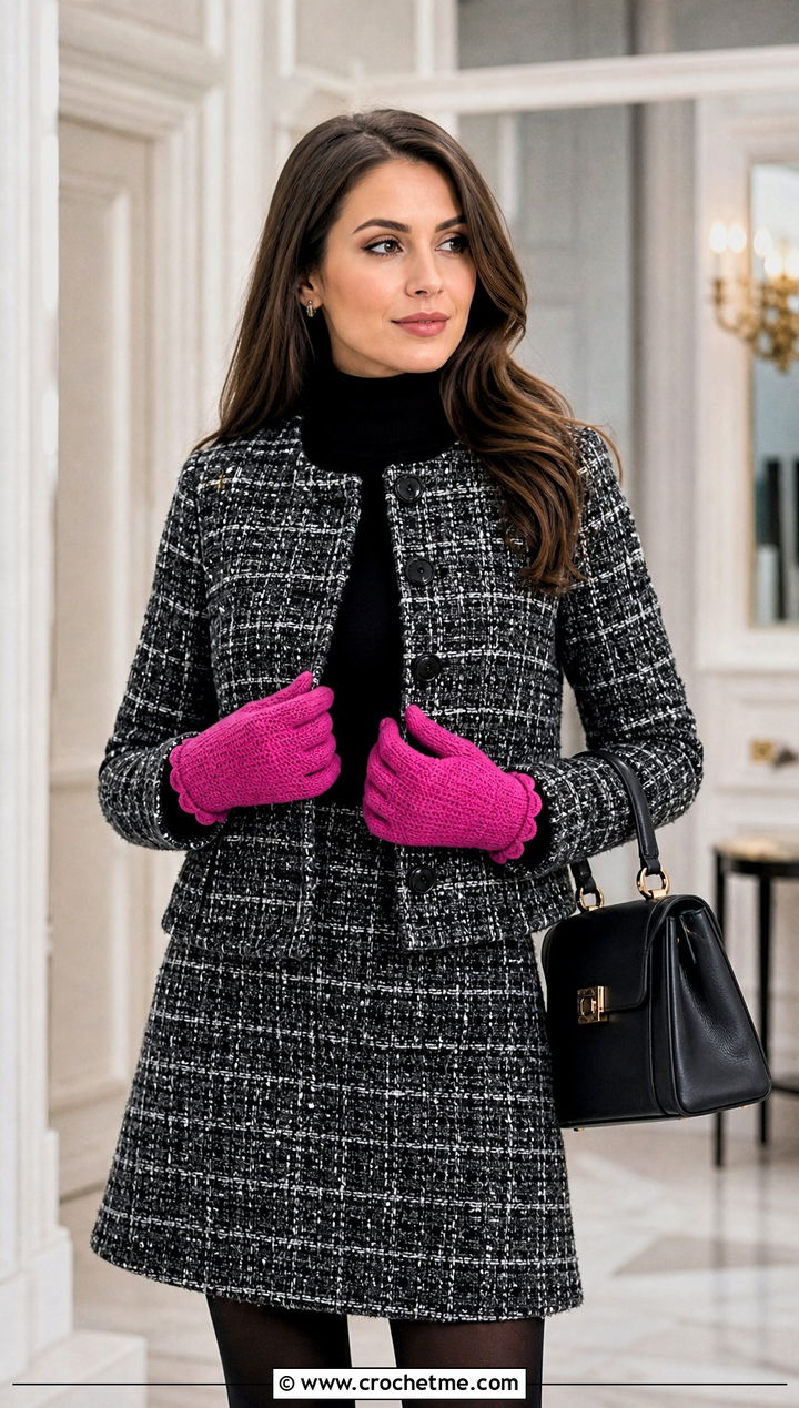 Scalloped Cuff Full Finger Crochet Gloves With Tweed Jacket And Skirt - 15 Crochet Fingered Gloves outfit ideas