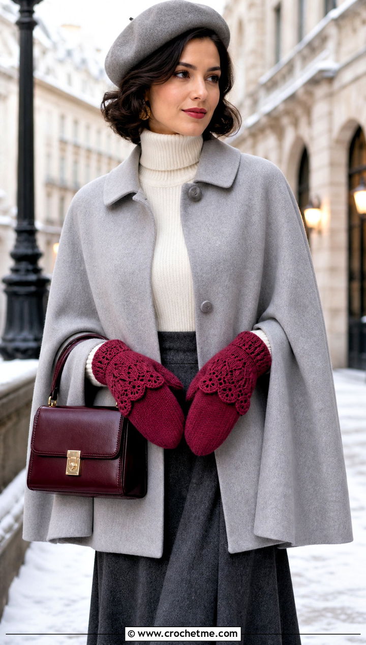 Scalloped Cuff Mittens With Cape Coat - 15 vintage crochet mitten outfit ideas