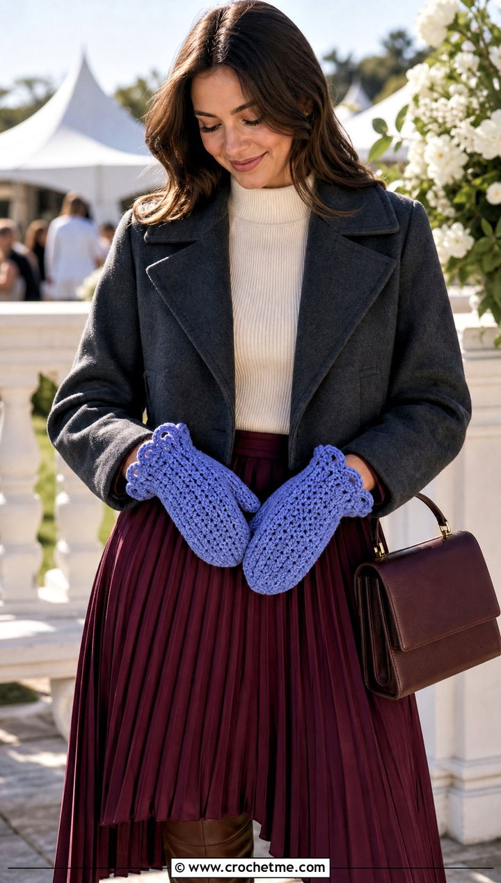 Scalloped Cuff Velvet Crochet Mittens With Pleated Skirt - 20 velvet crochet mittens outfit ideas