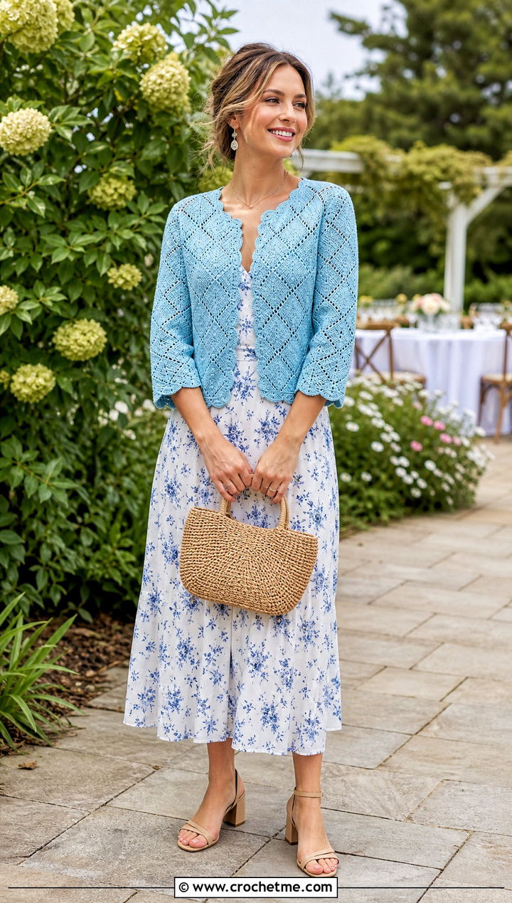 Scalloped Diamond Crochet Cardigan With Floral Midi Dress - 30 diamond crochet cardigan outfit ideas