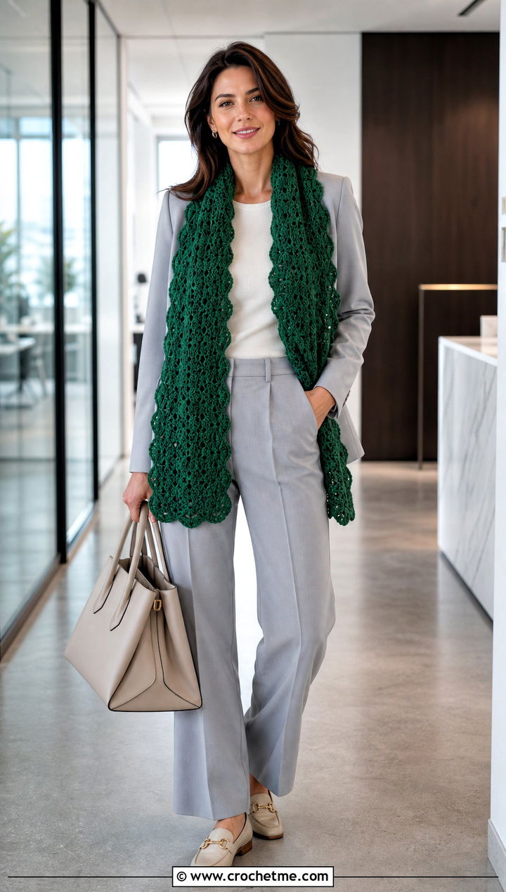 Scalloped Double Crochet Scarf With Trouser Suit And Loafers - 35 double crochet scarf outfit ideas