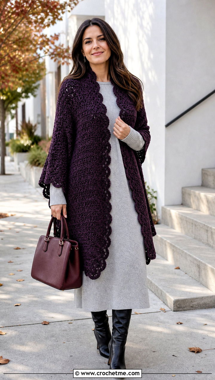 Scalloped Double Crochet Shawl With Sweater Dress - 20 Double Crochet Shawl outfit ideas