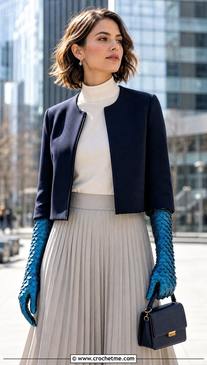 Scalloped Dragon Scale Gloves With Pleated Skirt - 30 dragon scale crochet gloves outfit ideas