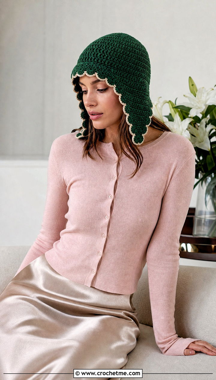 Scalloped Ear Flap Hat With Cardigan And Satin Skirt - 25 crochet ear flap hat outfit ideas