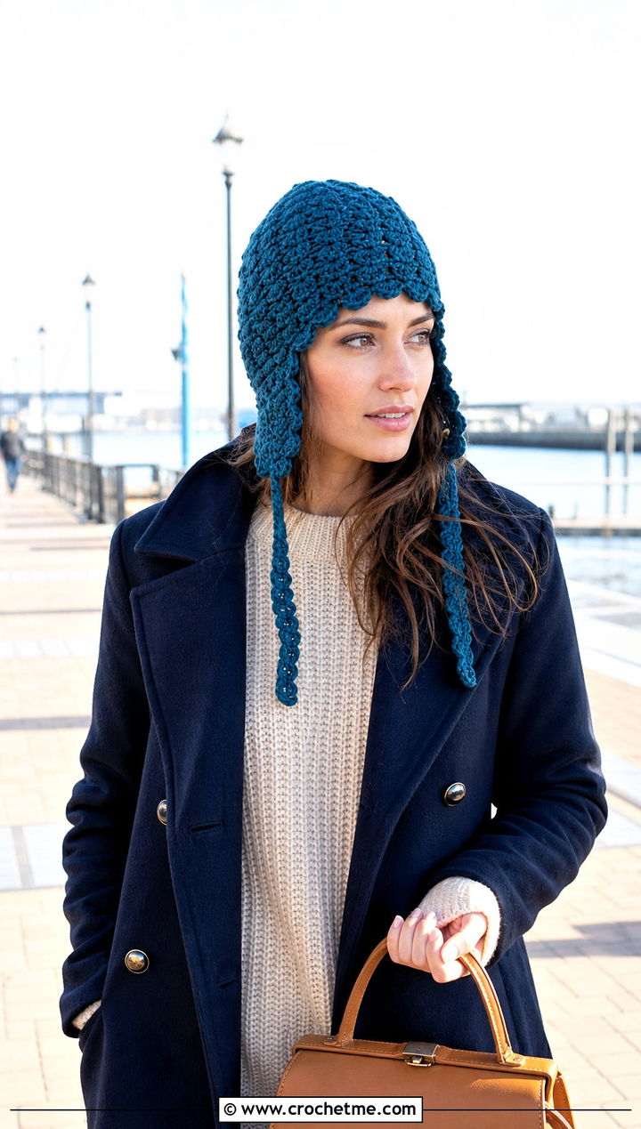 Scalloped Earflap Crochet Beanie With Peacoat - 25 Earflap Crochet Beanie outfit ideas