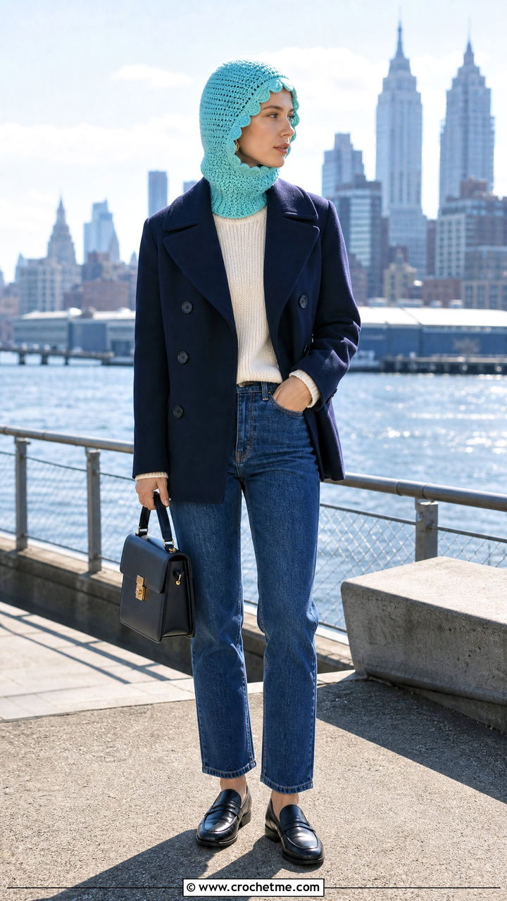 Scalloped Edge Balaclava With Peacoat - 35 crochet baclava hat outfit ideas