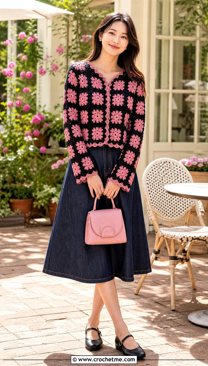 Scalloped Edge Black Granny Square Sweater With A Line Skirt - 25 black granny square sweater outfit ideas