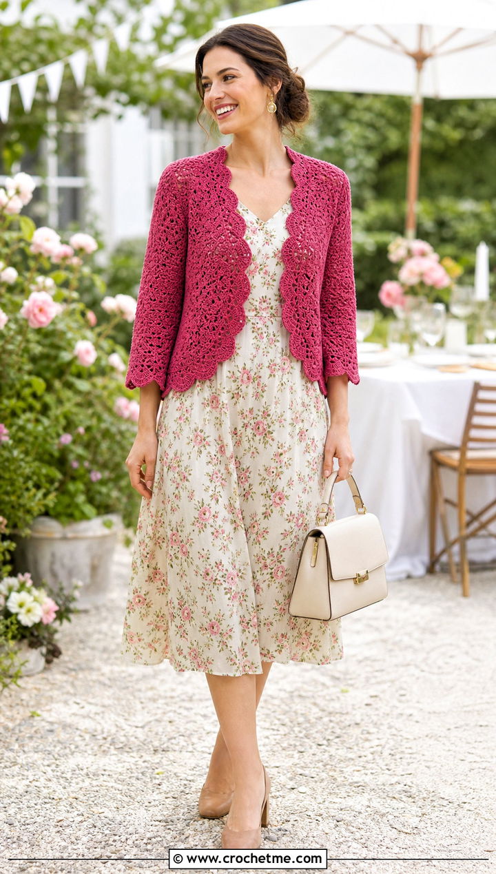 Scalloped Edge Bolero With Floral Midi Dress - 25 crochet shrugs and boleros outfit ideas
