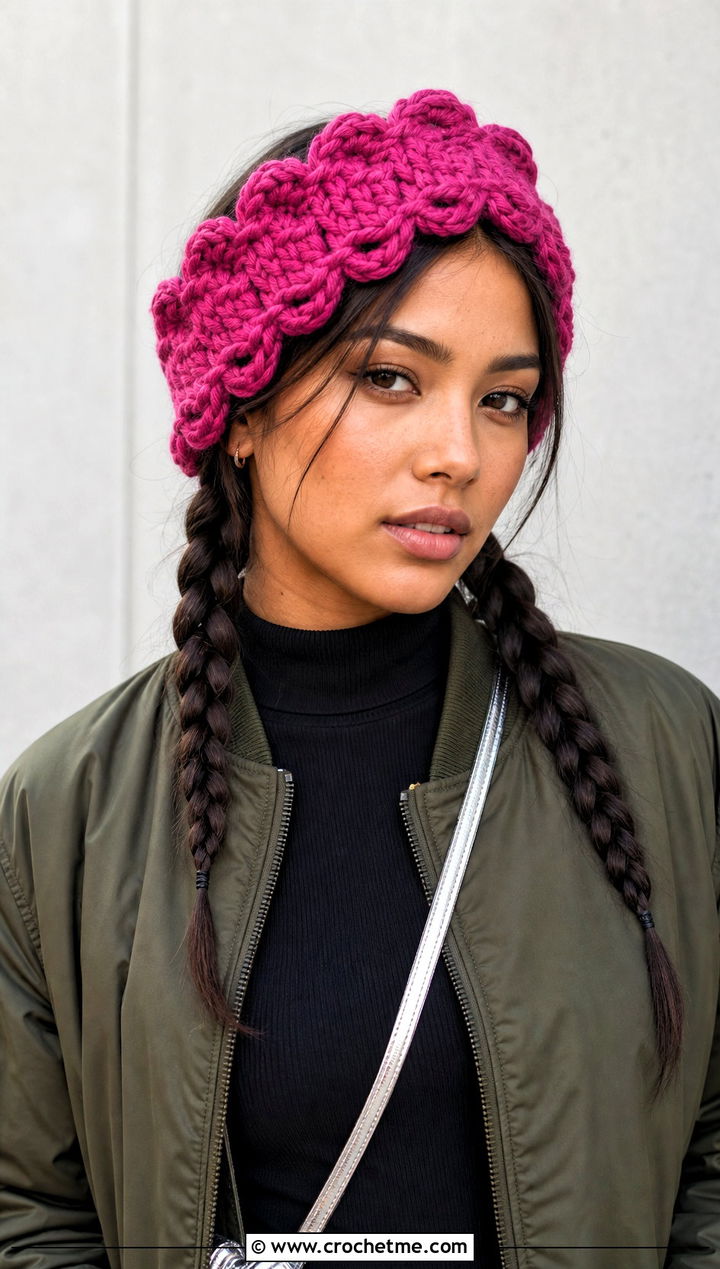 Scalloped Edge Bulky Yarn Crochet Ear Warmer With Bomber Jacket - 20 Bulky Yarn Crochet Ear Warmer outfit ideas