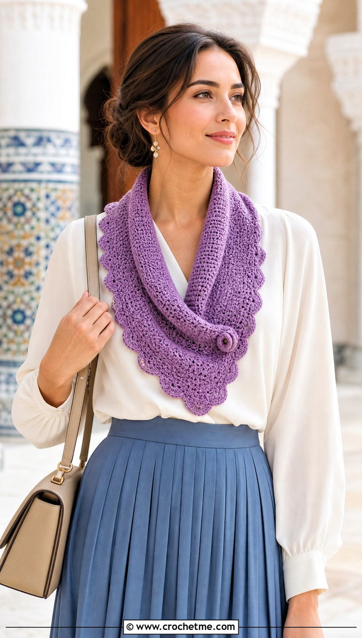Scalloped Edge Button Cowl With Blouse And Pleated Skirt - 25 crochet button cowl outfit ideas
