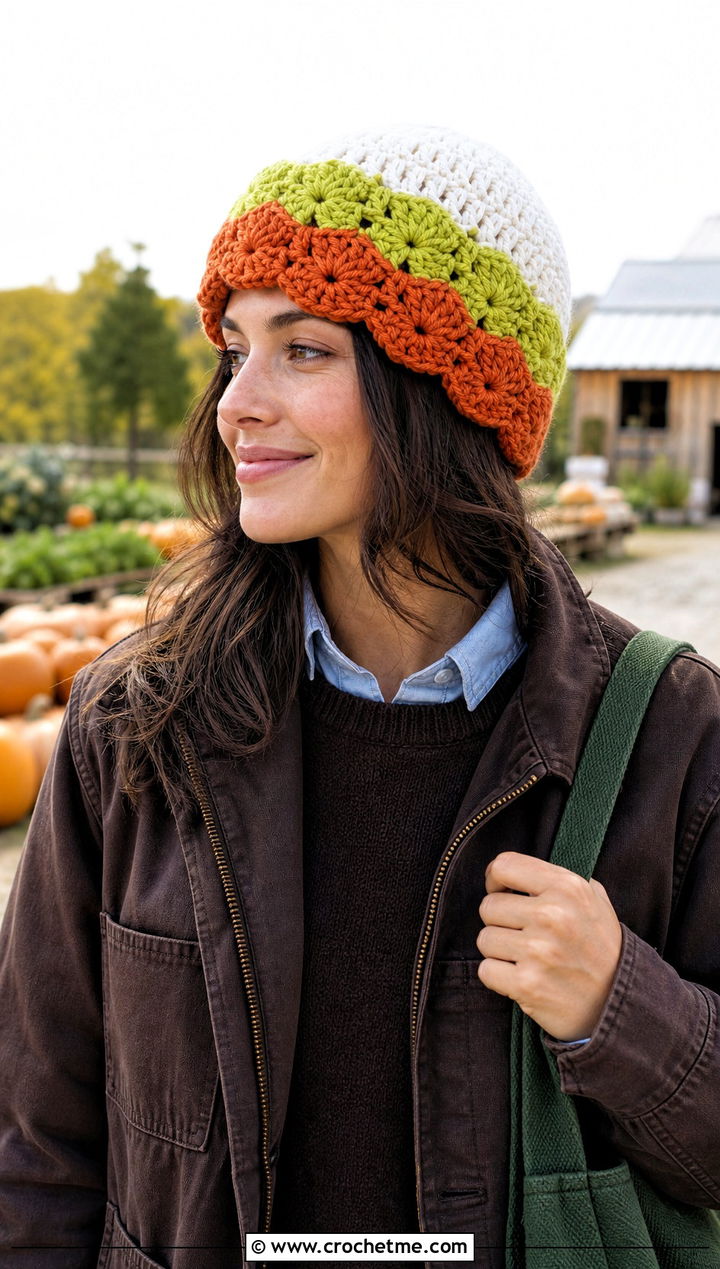 Scalloped Edge Candy Corn Crochet Beanie With Barn Jacket - 15 candy corn crochet beanie outfit ideas