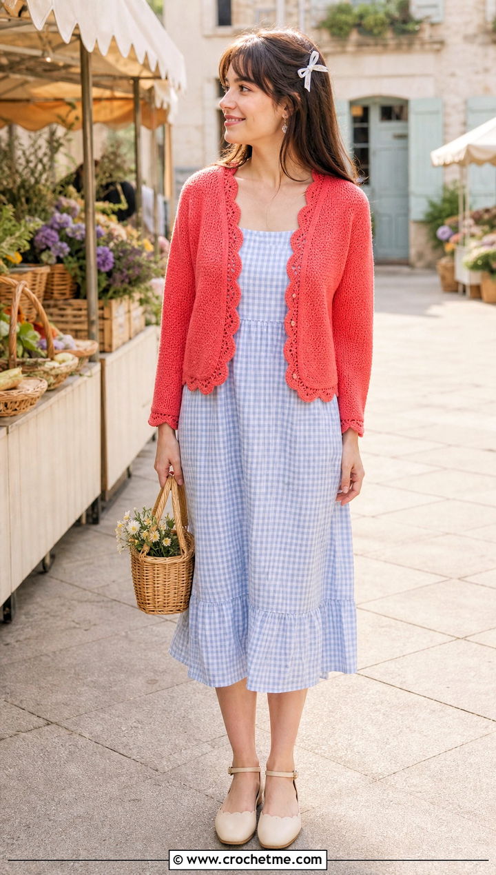 Scalloped Edge Cardigan With Gingham Dress - 25 kawaii crochet cardigan outfit ideas