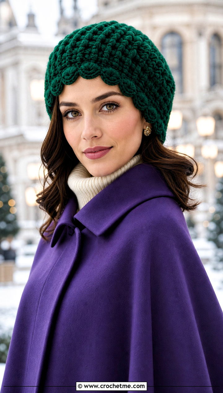 Scalloped Edge Chunky Beanie With Cape Coat - 35 crochet chunky beanie outfit ideas